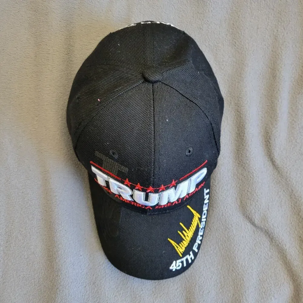 TRUMP HAT Cap Black Adjustable Gold Signature Embroidered 45 Stars MAGA Red